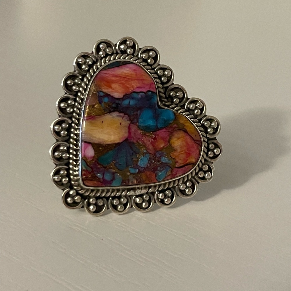 Blended Turquoise & Spiny Oyster Shell Heart  – Sterling Silver Statement Ring